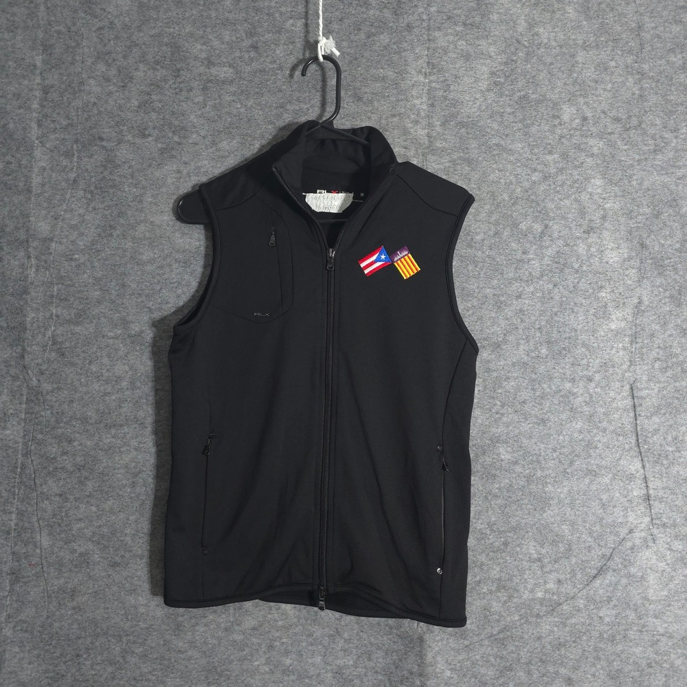 RLX Ralph Lauren Black Sleeveless Vest Womens Medium Full Zip Flags Detail Golf